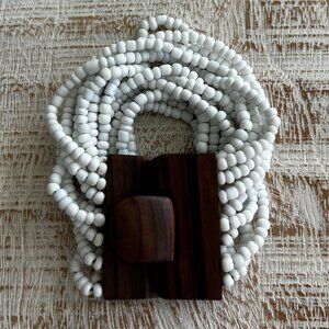 White Beaded Bracelet 8" long with wood clasp